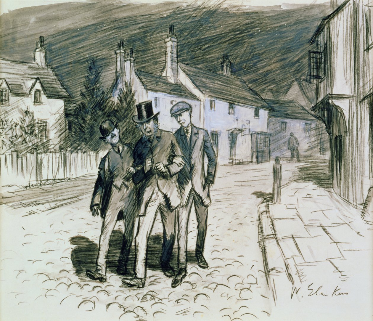 Katukohtaus kolmen humalaisen kanssa (kynä ja pesu paperille) tekijältä William James Glackens
