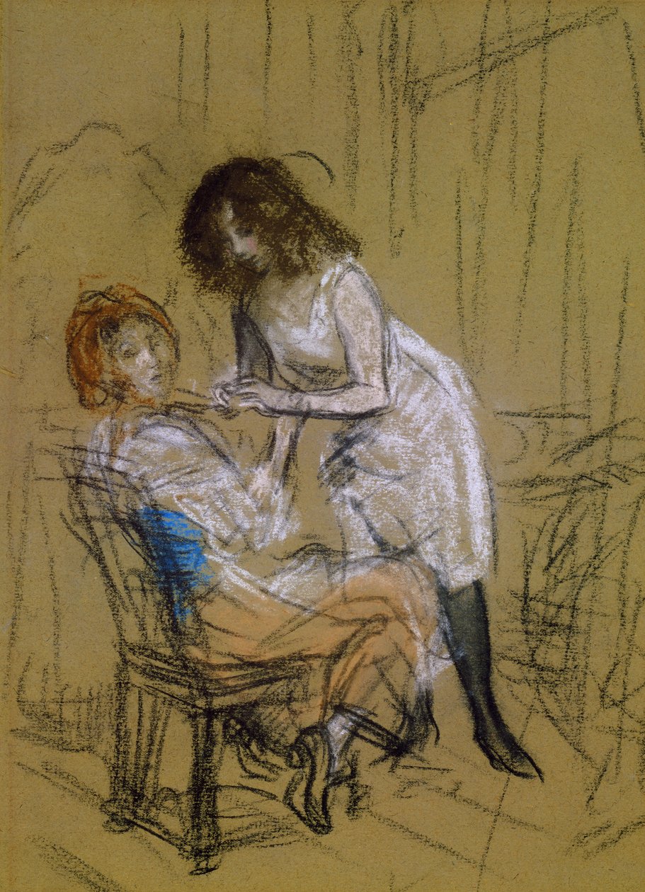 Kaksi naista makuuhuoneessa (hiili ja liitu paperille) tekijältä William James Glackens
