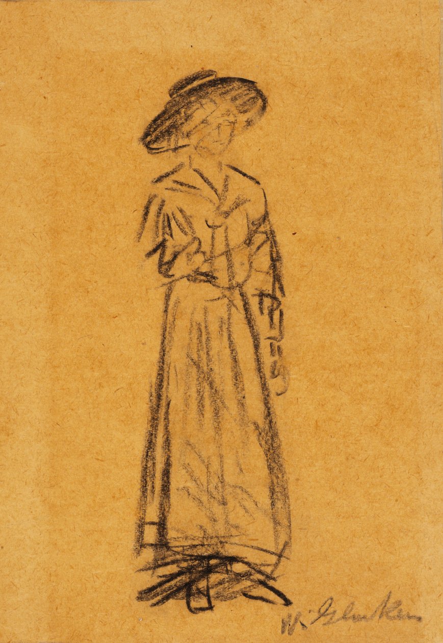 Nainen leveälierisellä hatulla (musta liitu paperille) tekijältä William James Glackens