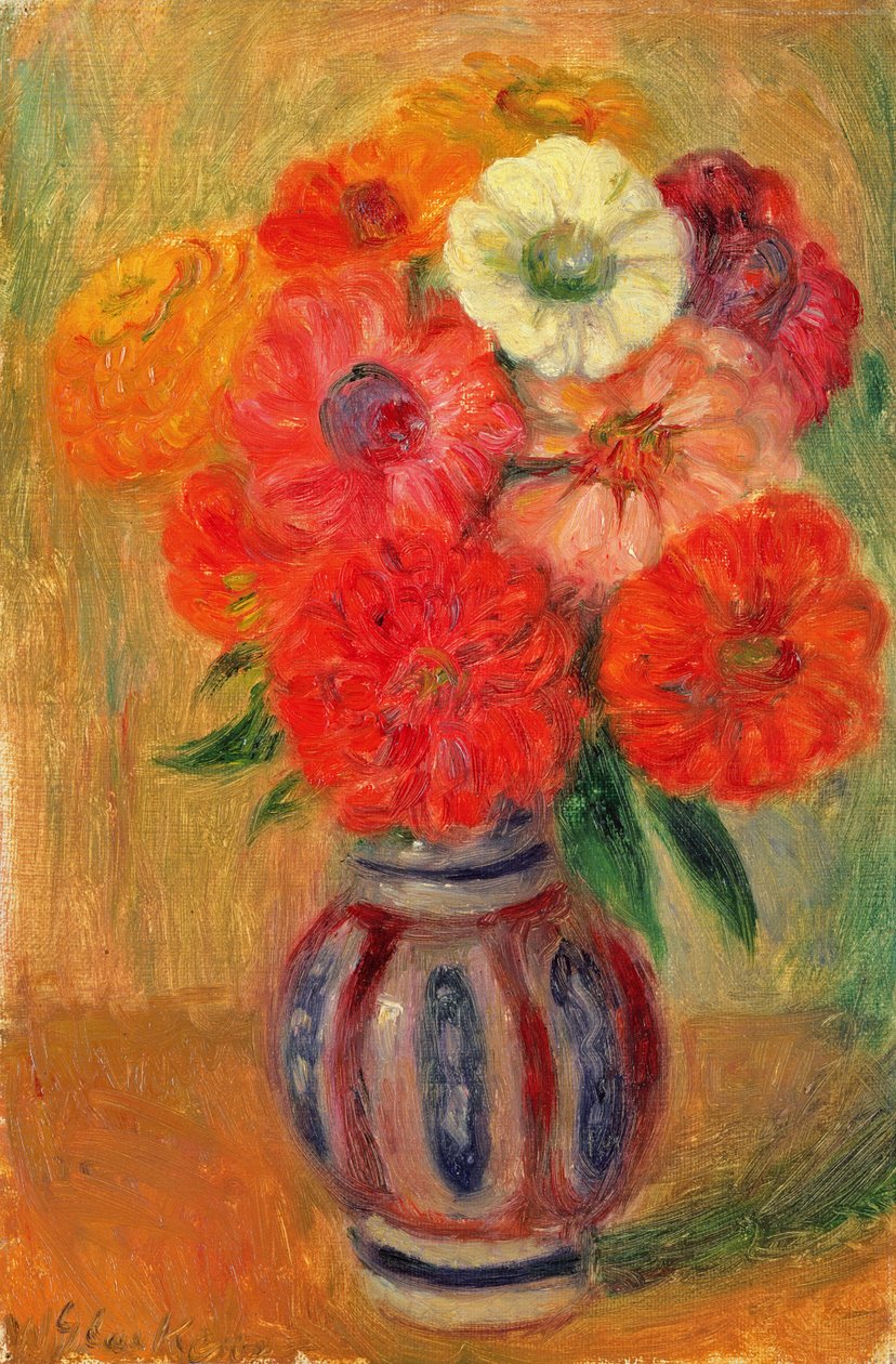 Zinniat raidallisessa sinisessä maljakossa tekijältä William James Glackens