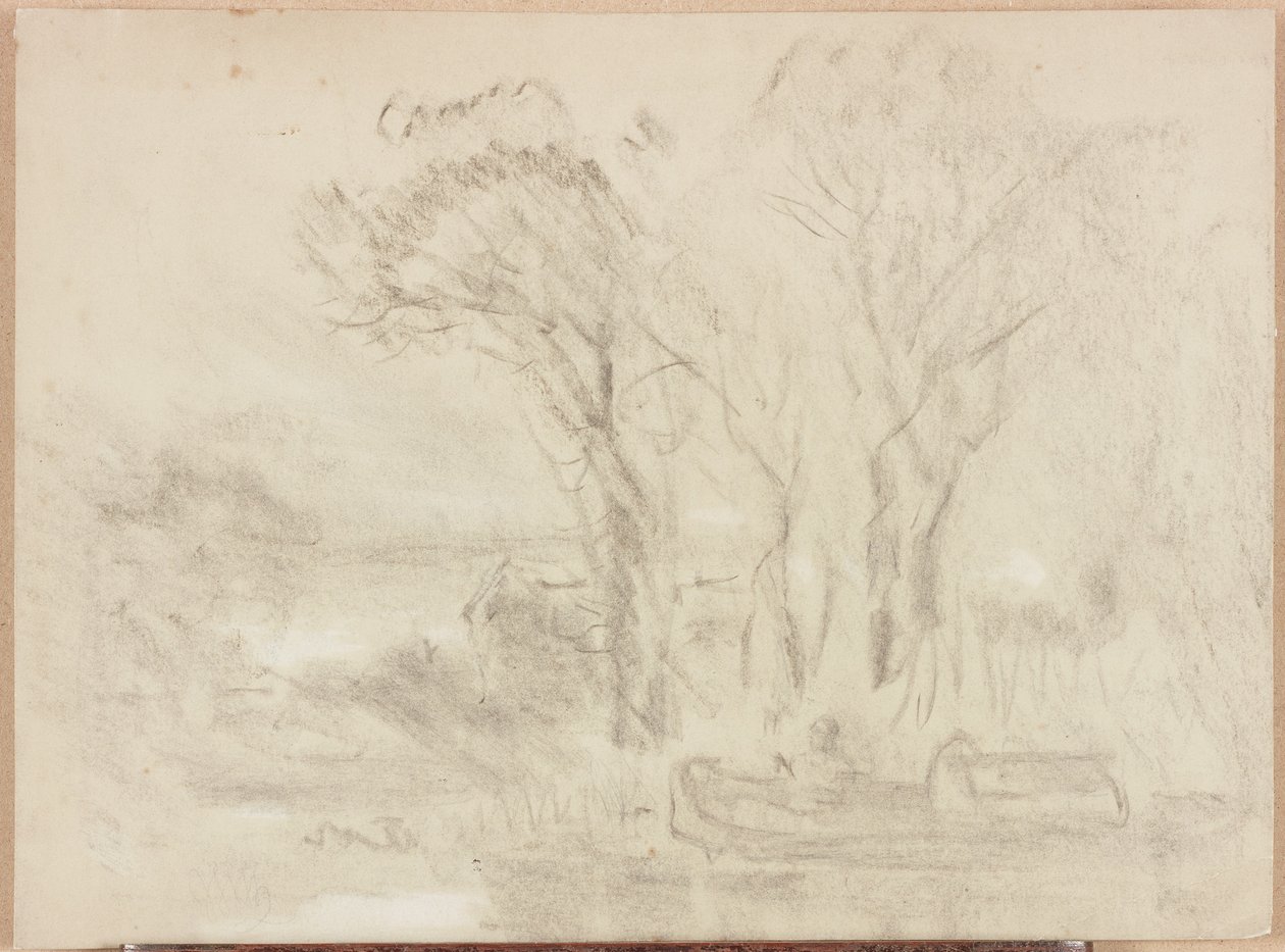 Maisema veneellä ja hahmoilla (pastelli ja kynä paperille (buff)) tekijältä William James Muller