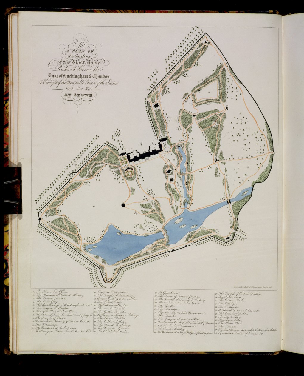 Taiteilijan kaivertama suunnitelma Buckinghamin herttuan Richard Grenvillen puutarhasta Stowessa, 1827 tekijältä William James Smith