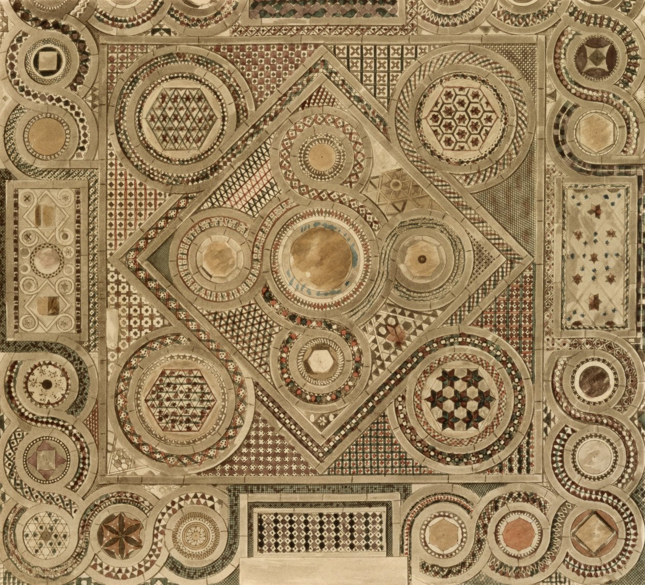 Mosaiikkipäällyste ennen alttaria, taiteilijan kaivertama Westminster Abbeyn levy A, pubi. kirjoittanut Rudolph Ackermann (1764-1834) 1812 (akvatinta) tekijältä William Johnstone White