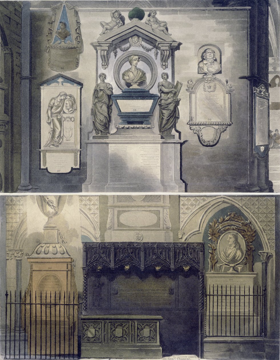 Runoilijoiden kulma, levy F Westminster Abbeystä, kaiverrus J. Bluck (fl.1791-1831) pub. kirjoittanut Rudolph Ackermann (1764-1834) 1812 (akvatinta) tekijältä William Johnstone White