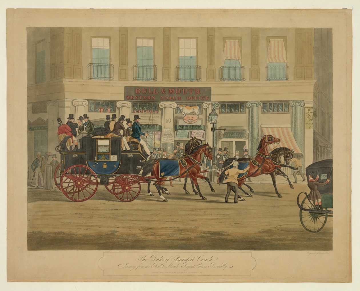 Duke of Beaufort Coach, alkaen Bull & Mouth, Regents Circus, Piccadilly, pub. 1841 (käsinvärinen akvatinta) tekijältä William Joseph Shayer