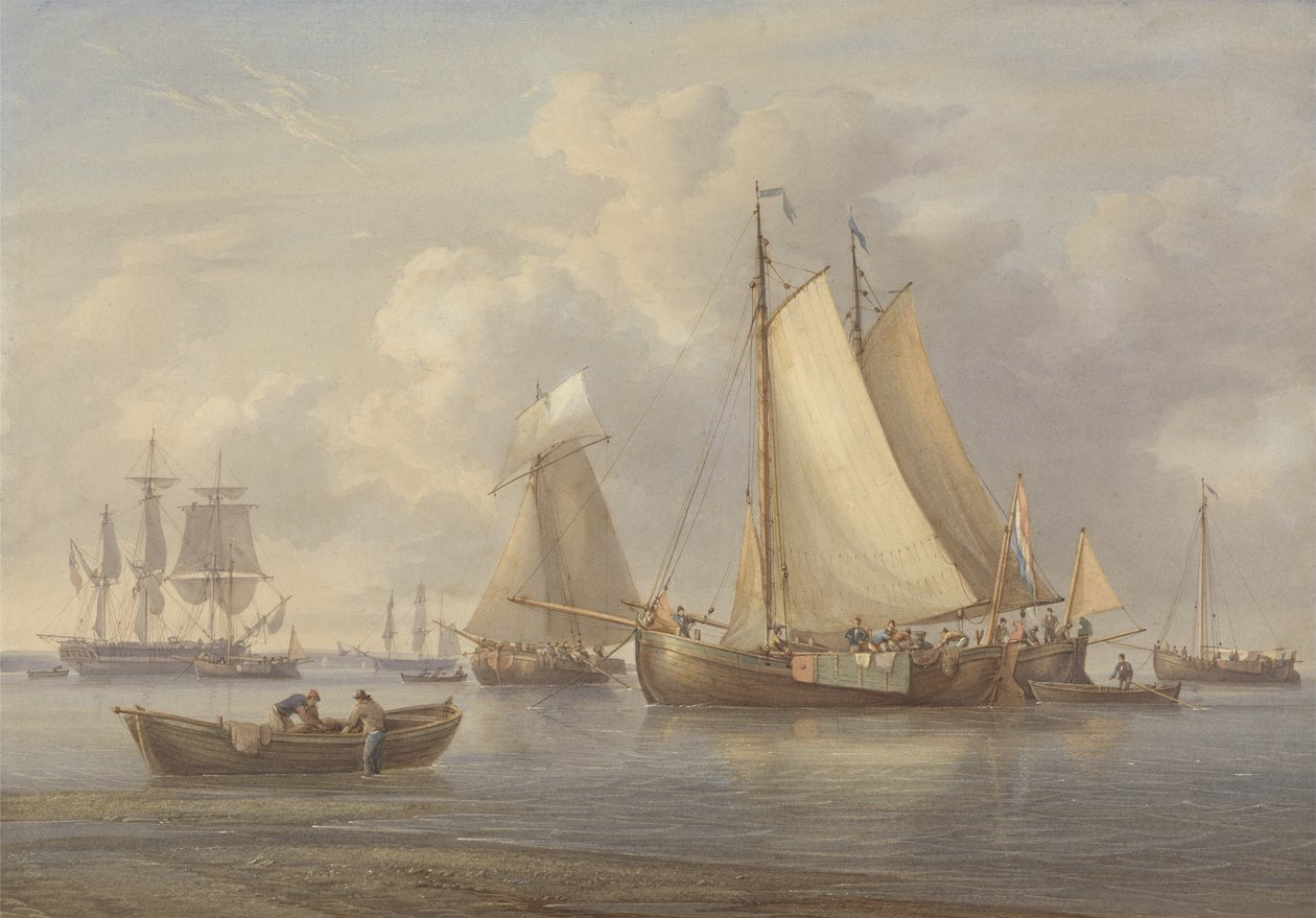 Hollantilaiset kalastusveneet ankkurissa suistossa, n. 1850-1860 (wc, raapimalla ja purukumilla paperilla) tekijältä William Joy