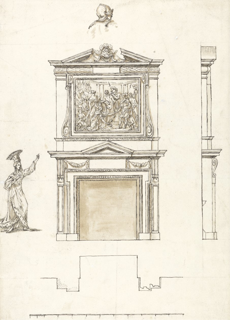 Suunnittelu savupiippukappaleelle Hallissa Stowessa, n. 1733 (kynä ja muste grafiitin päällä paperilla) tekijältä William Kent