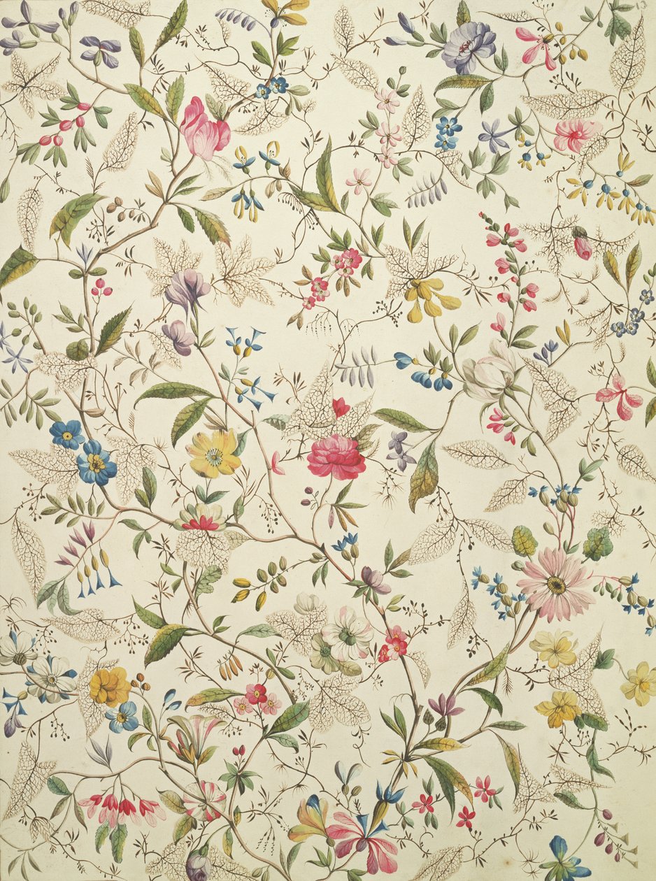 Villikukkakuvio silkkimateriaalille, n. 1790 tekijältä William Kilburn