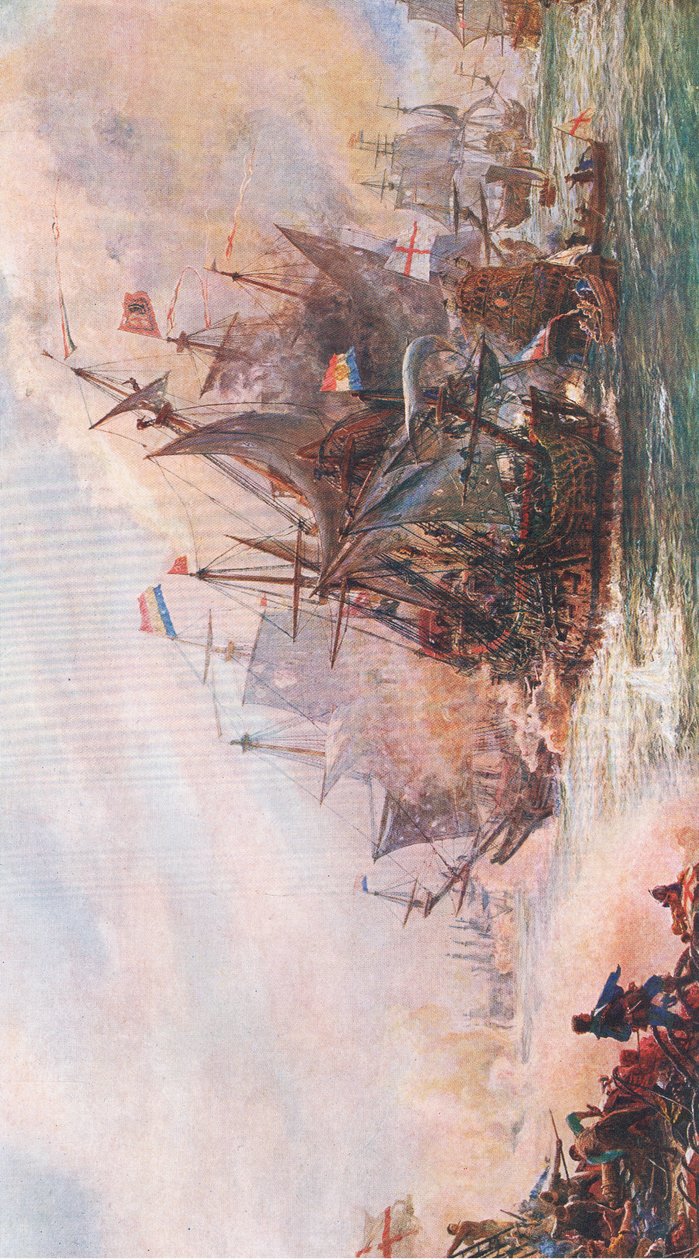 Blaken kolmen päivän kihla Von Trumpin kanssa 1652, esimerkki Waverleyn julkaisemasta The History of the British Peoplesta, n. 1940 tekijältä William Lionel Wyllie