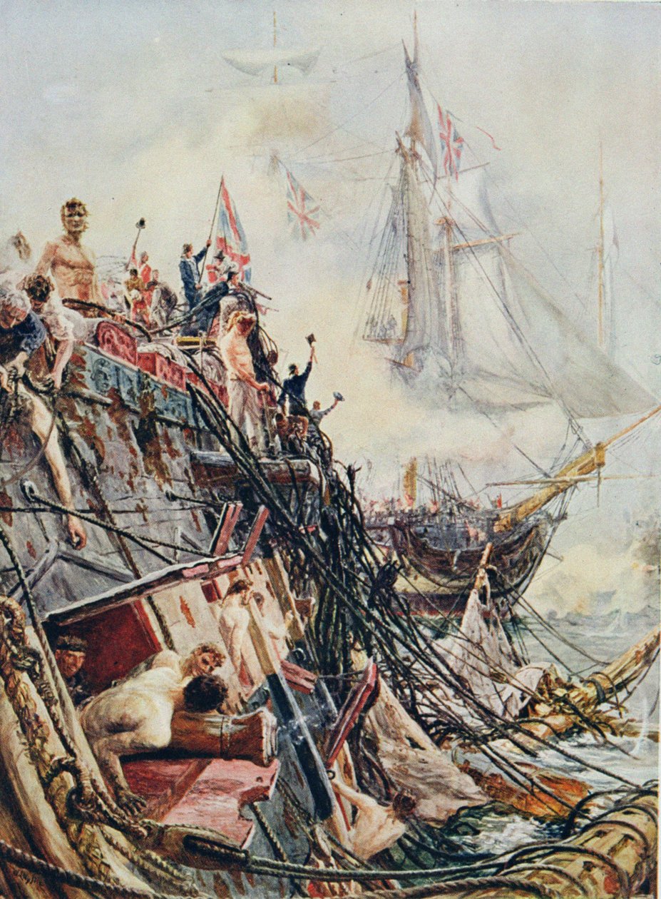 Rajattu, mutta valloittamaton: "Belleisle" Trafalgarin taistelussa, 21. lokakuuta 1805, Sir Evelyn Woodin (1838-1919) toimittamasta "British Battles on Land and Sea" -teoksesta, joka julkaistiin ensimmäisen kerran 1915 (värilitho) tekijältä William Lionel Wyllie