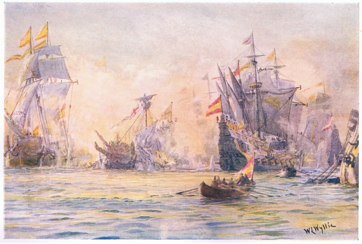 "Gentleman Adventurer - The Revenge" -elokuva espanjalaisten vangitseman loppu 1591, 1915 tekijältä William Lionel Wyllie