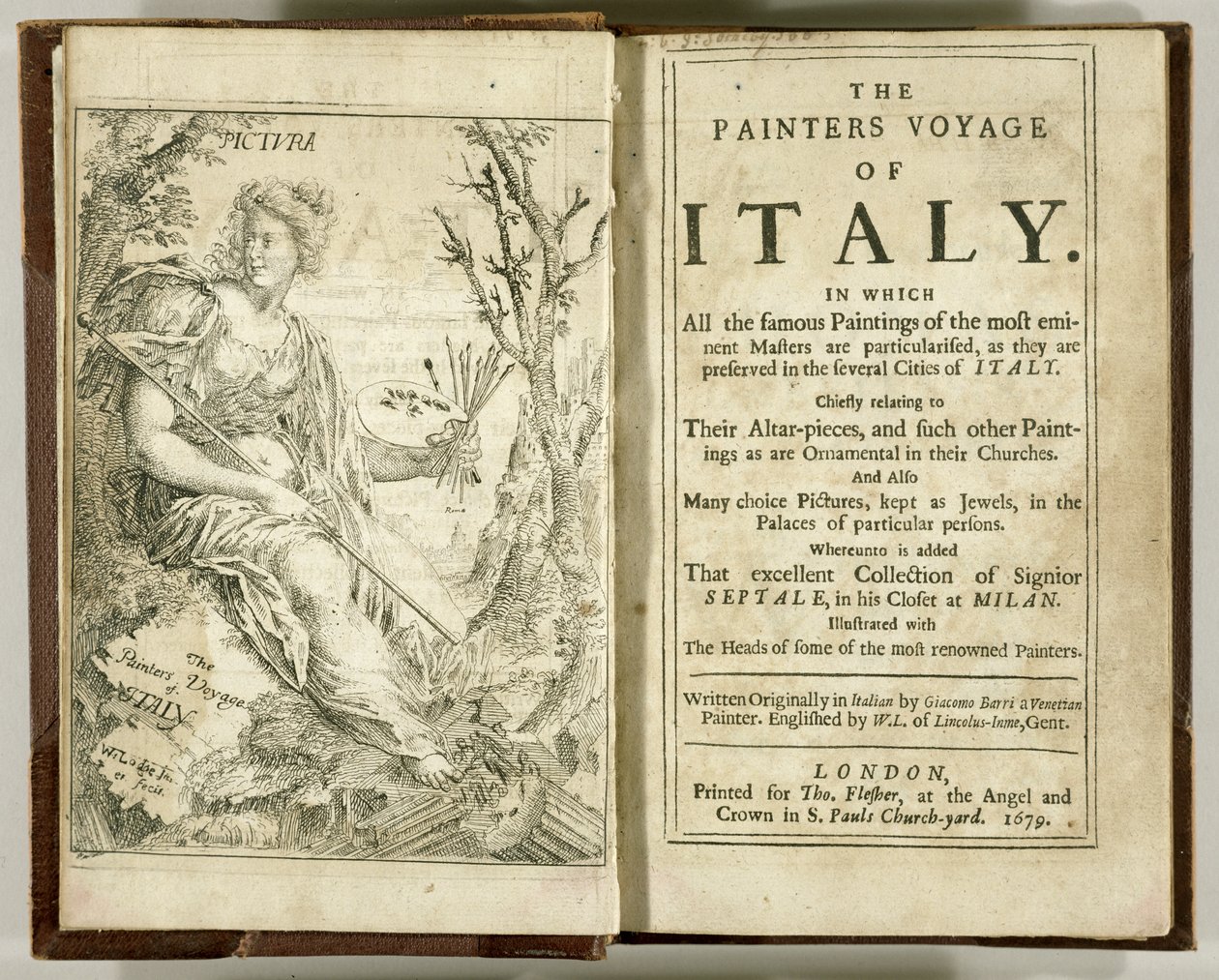 Nimisivu Giacomo Barrin teoksesta The Painters Voyage of Italy..., 1679 tekijältä William Lodge