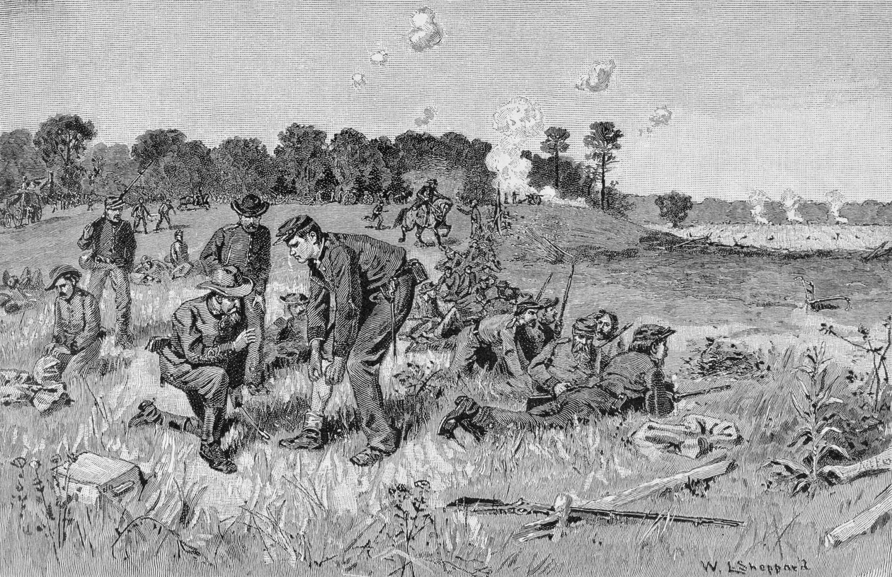 Konfederaation rivin odotuskäskyt erämaassa, kuvitus teoksesta "Taistelut ja sisällissodan johtajat", toimittajina Robert Underwood Johnson ja Clarence Clough Buel tekijältä William Ludlow Sheppard