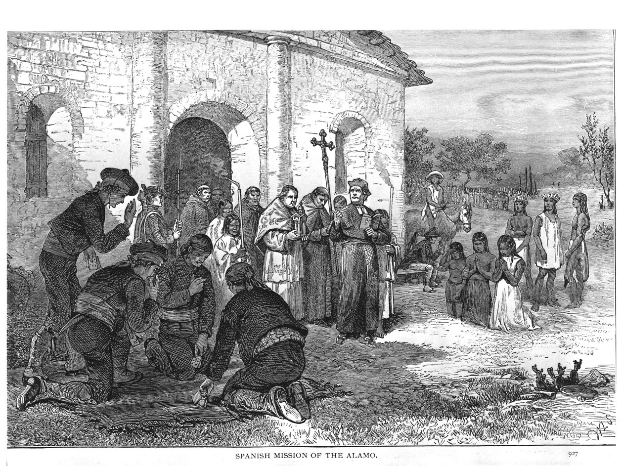 Alamon espanjalainen lähetystyö, Augustus L. Masonin teoksesta The Romance of Tragedy of the Pioneer Life, 1883 tekijältä William Ludlow Sheppard