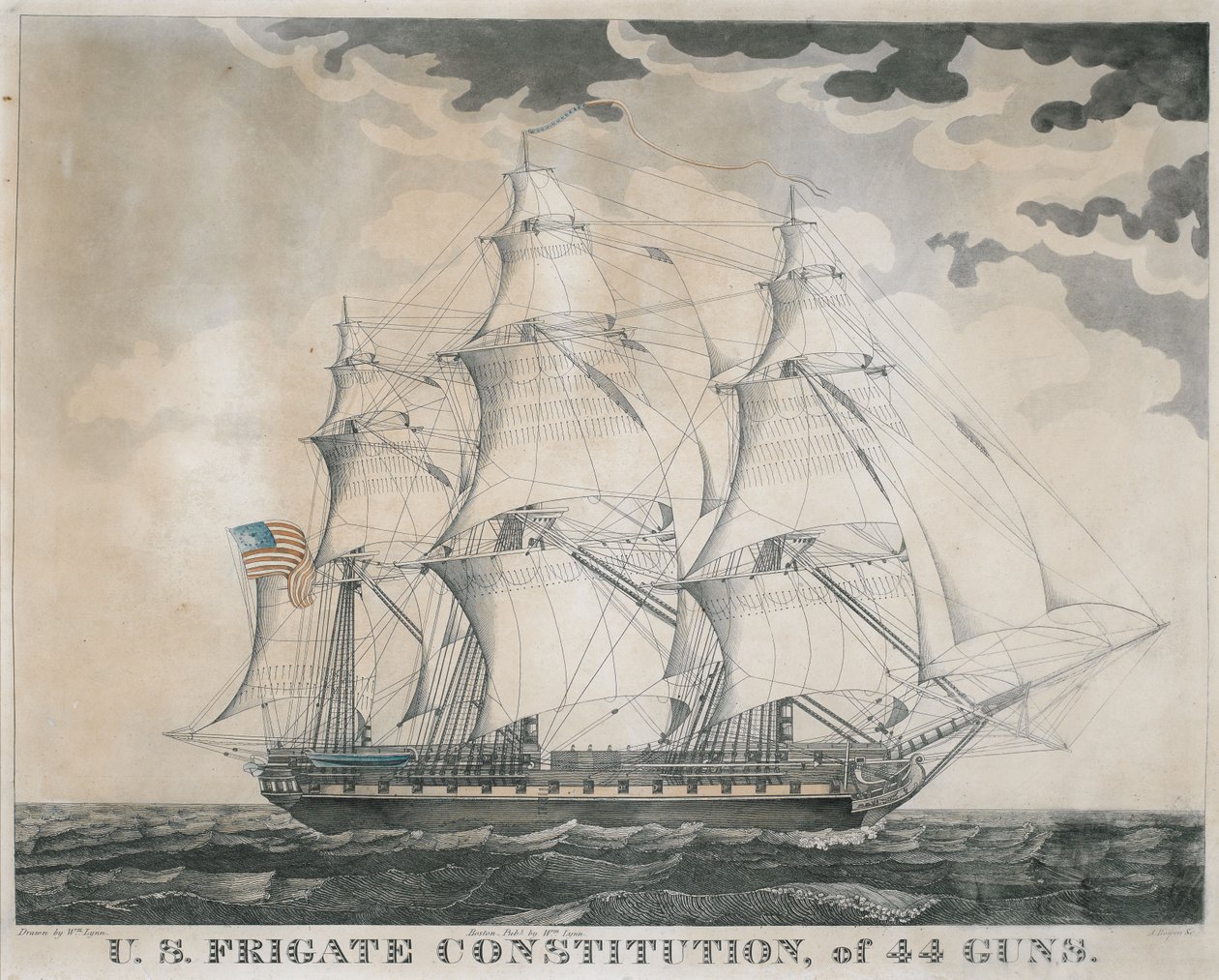 Yhdysvaltain fregattien perustuslaki, 44 tykkiä, kaiverrus Abel Bowen (s.1790) n. 1812 (käsinvärinen kaiverrus ja akvatinta) tekijältä William Lynn