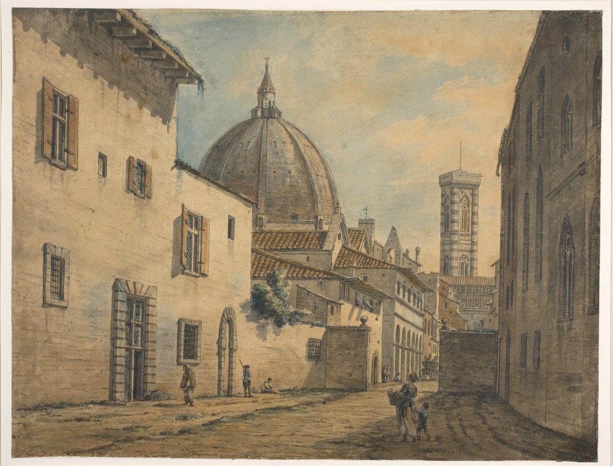 Firenzen katu, taustalla Duomo ja Campanile (wc, kynä ja muste grafiitin päällä paperilla) tekijältä William Marlow