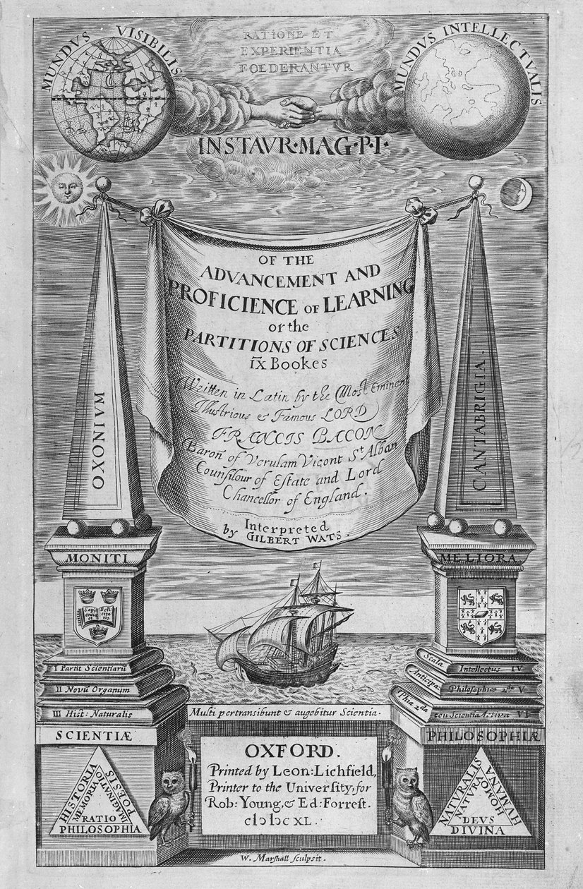 Francis Baconin "Oppimisen edistymisestä ja pätevyydestä" otsikkosivu, 1640 tekijältä William Marshall
