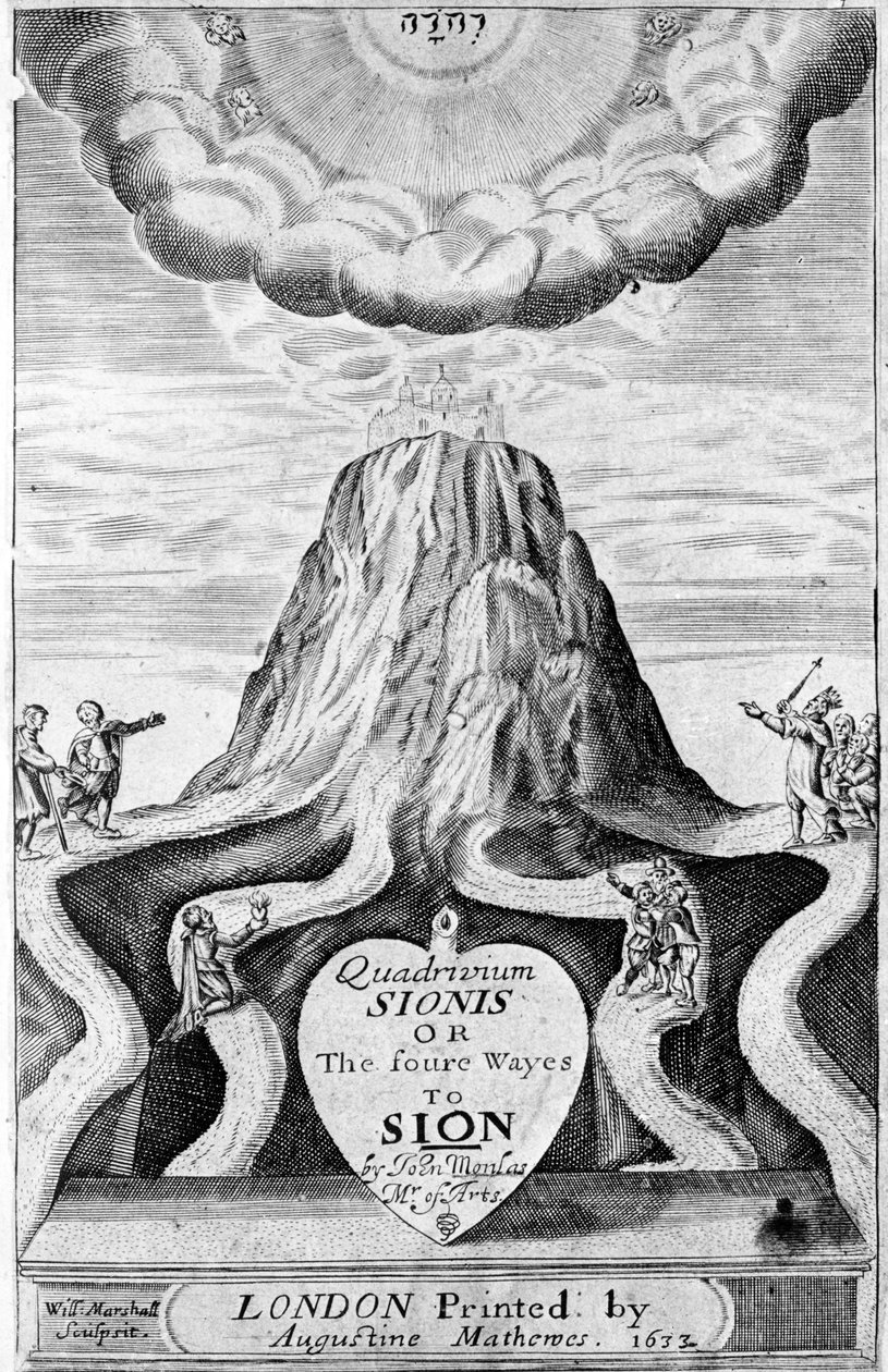 Otsikkosivu teokseen Quadrivium Sionis tai neljä tietä Sioniin, John Monlas, 1633 tekijältä William Marshall