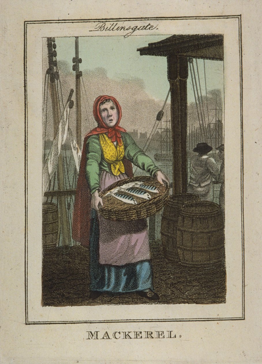 Makrillinmyyjä Billingsgatessa, 1804 (käsin väritetty kaiverrus). tekijältä William Marshall Craig