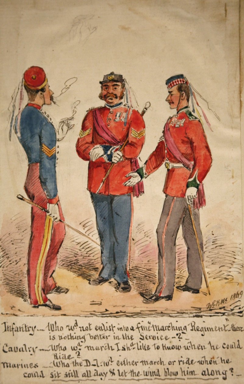 Jalkaväen, ratsuväen ja merijalkaväen keskustelu, 1869 tekijältä William Masters