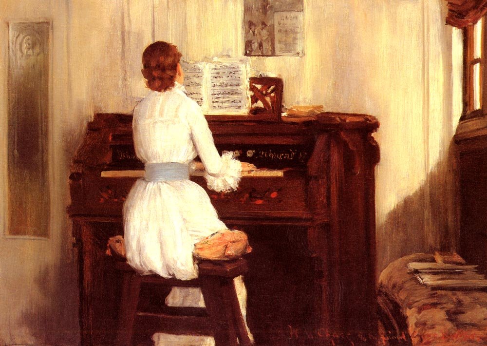 Rouva Meigs piano -urkuissa tekijältä William Merritt Chase