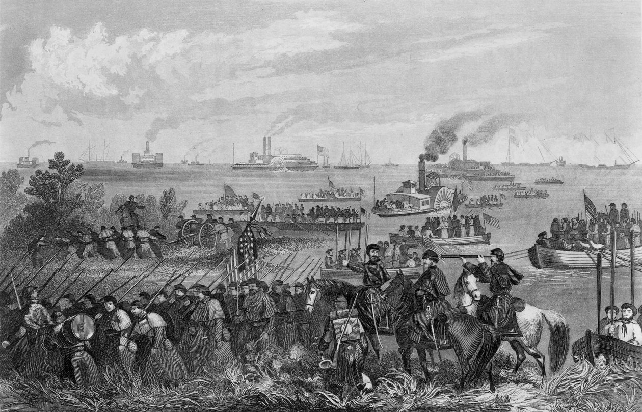 Joukkojen laskeutuminen Roanoke Islandille, Burnside Expedition, 8. helmikuuta 1862, kaiverrus George E. Perine tekijältä William Momberger