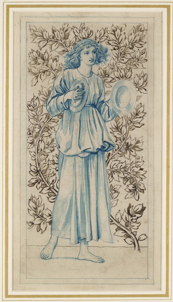 Nainen leikkimässä symbaaleja (kynä sinisellä ja ruskealla musteella ja vesivärillä värjäytyneellä vaalean kiiltävällä paperilla) tekijältä William Morris