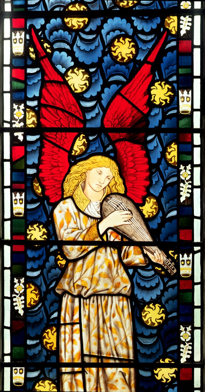 Enkeli soittaa luuttua, yksityiskohta Enkelit-ikkunan keskimmäisestä alareunasta, 1869 (lasimaalauksia) (ks. myös 120165). tekijältä William Morris