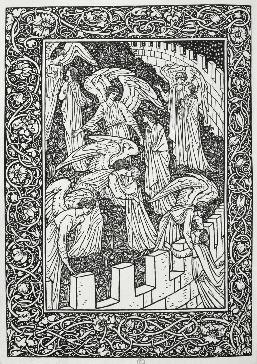 Enkelit sisäpyhäkön takana, Kelmscott Pressin julkaisemasta Kelmscott Chaucerista, 1896. tekijältä William Morris