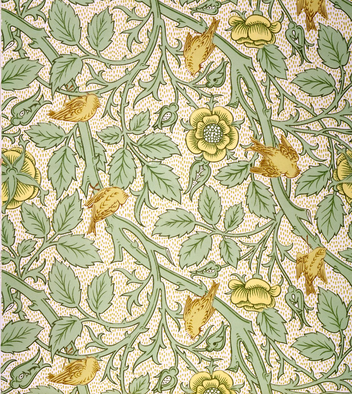 Lintu-taustakuvasuunnittelu (värillinen puupainatus paperille) tekijältä William Morris