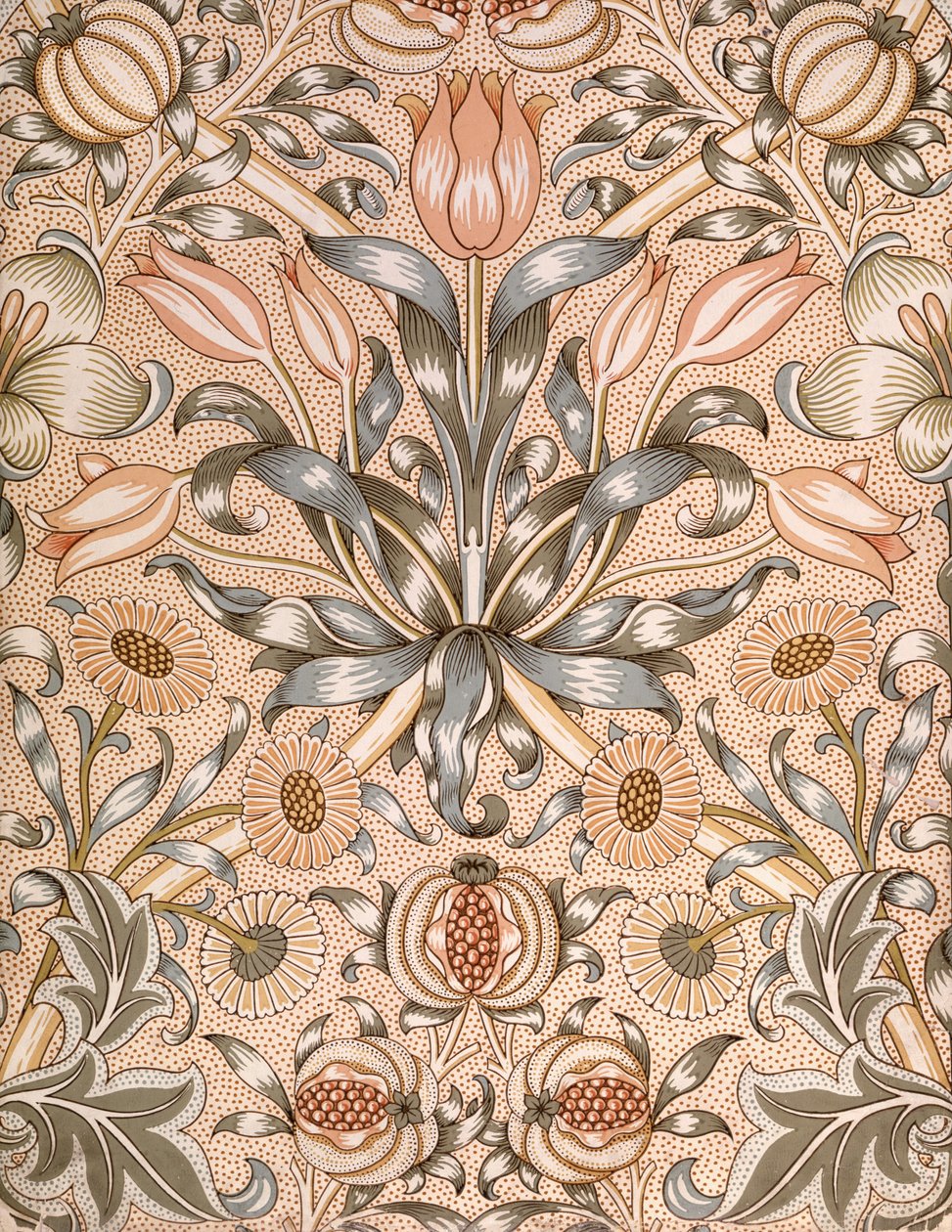Lilja ja granaattiomena tapettisuunnittelu, 1886 (värillinen puupainatus paperille) tekijältä William Morris