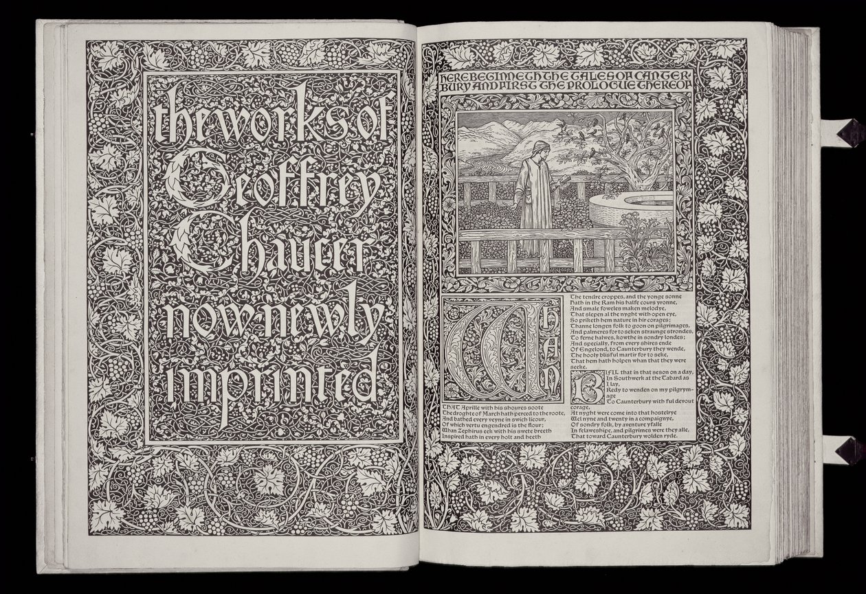 Nimilehti ja etulevy julkaisusta "The Works of Geoffrey Chaucer", julkaisija Kelmscott Press, 1896 (puupiirros ja musta kirjasin paperille) tekijältä William Morris