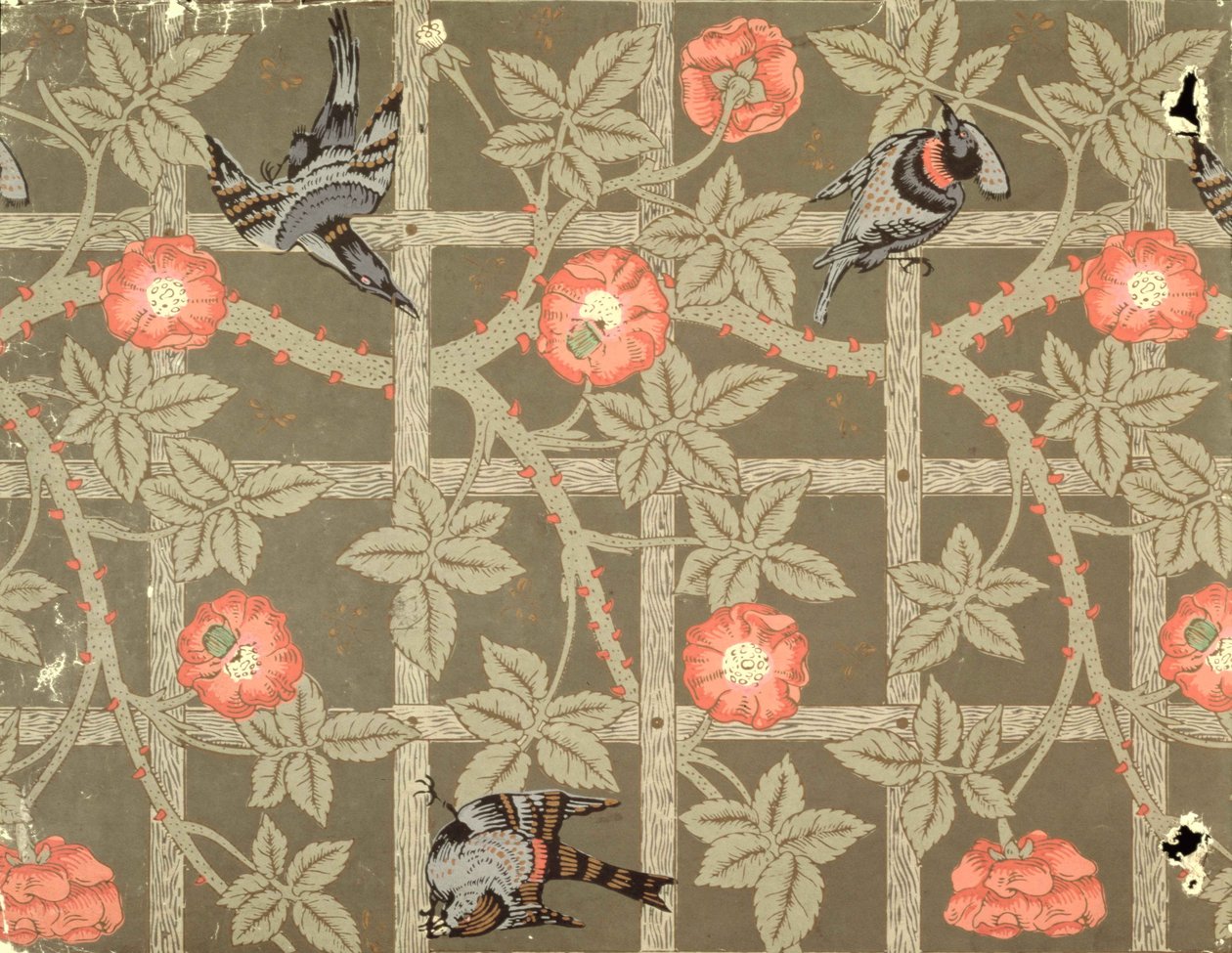 Säleikkötapetti design pullonvihreällä taustalla, 1864 tekijältä William Morris