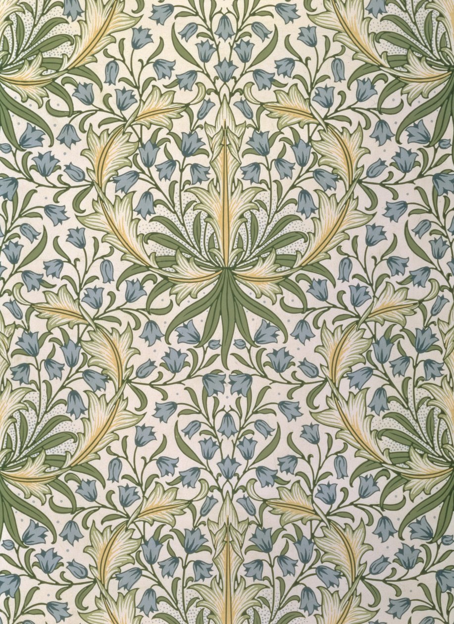 William Morrisin (1834-96) suunnittelema tapetti, jossa pieniä sinisiä kukkia suurissa vihreissä lehdissä tekijältä William Morris