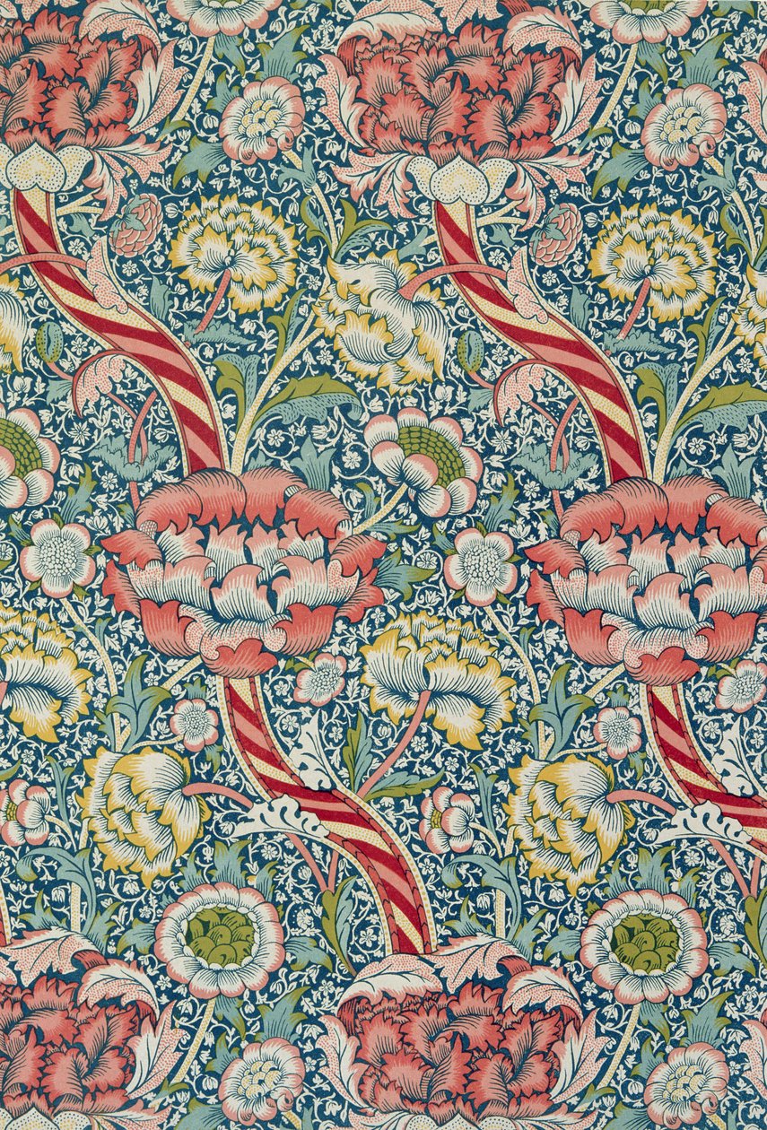 `Wandle`-painettu kangas, valmistaja Morris and Co. ja Aymer Vallance, `The Art of William Morris`, pub. 1897 tekijältä William Morris