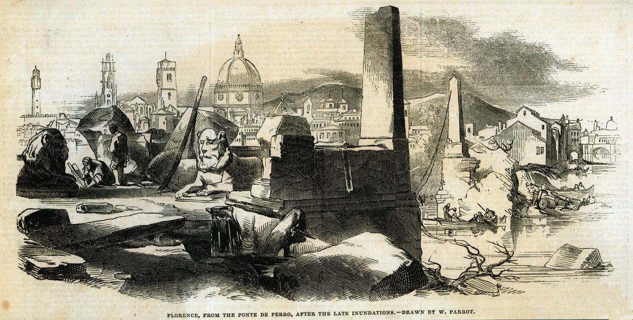 Firenze, Ponte de Perrosta myöhäisten tulvien jälkeen, The Illustrated London Newsista, 4. tammikuuta 1845 tekijältä William Parrott