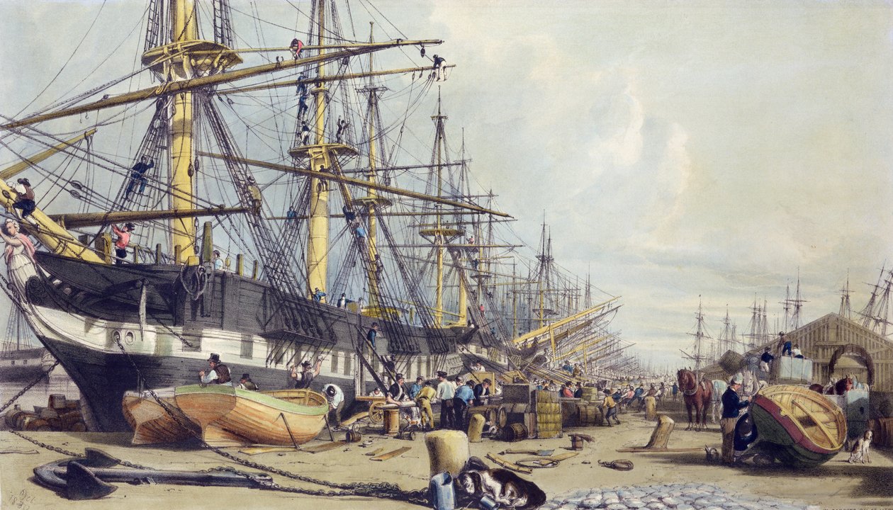 West India Docks, Lontoosta Thamesista, 1840 tekijältä William Parrott