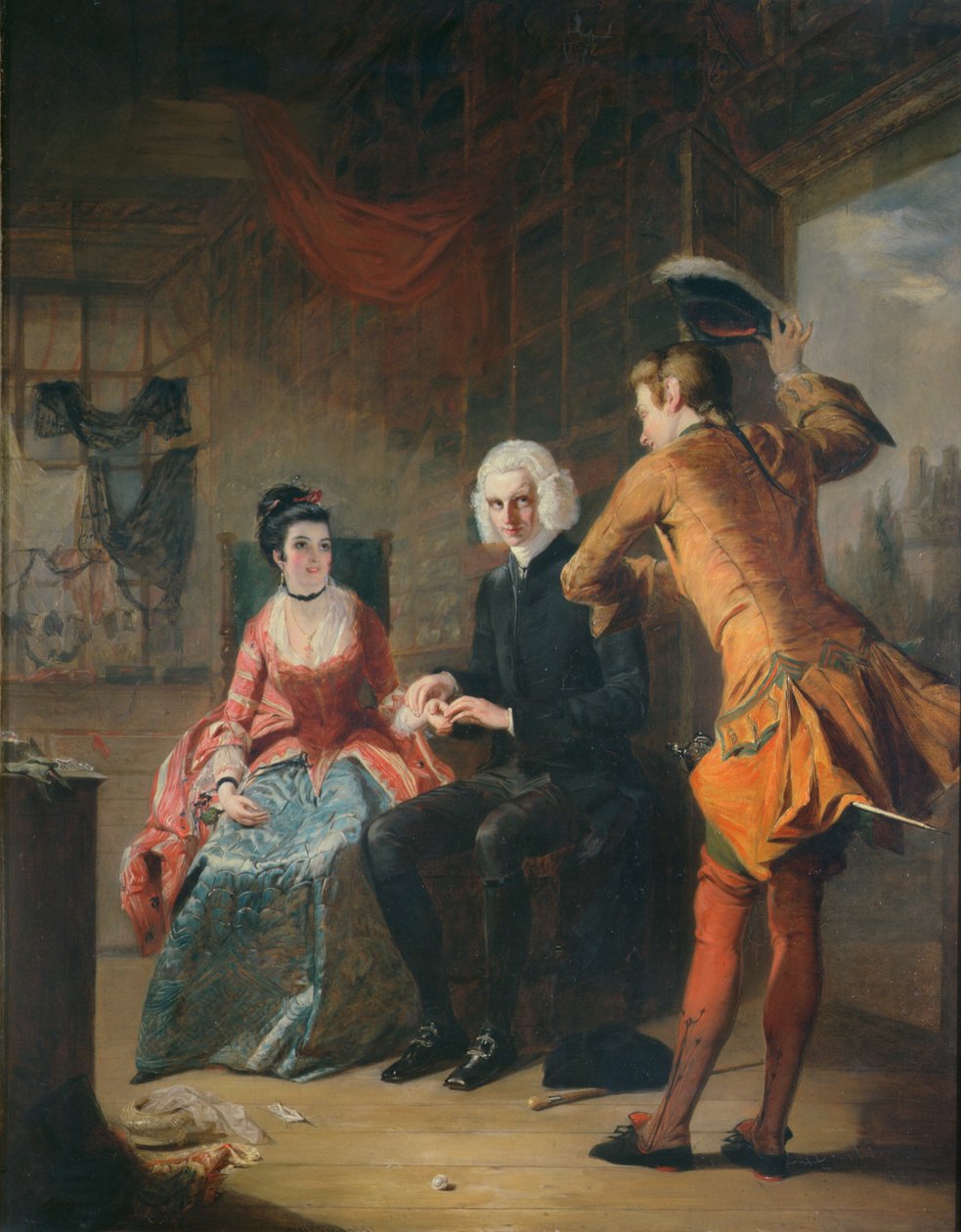 Kohtaus Pariisin kaupassa elokuvasta A Sentimental Journey, 1841 tekijältä William Powell Frith