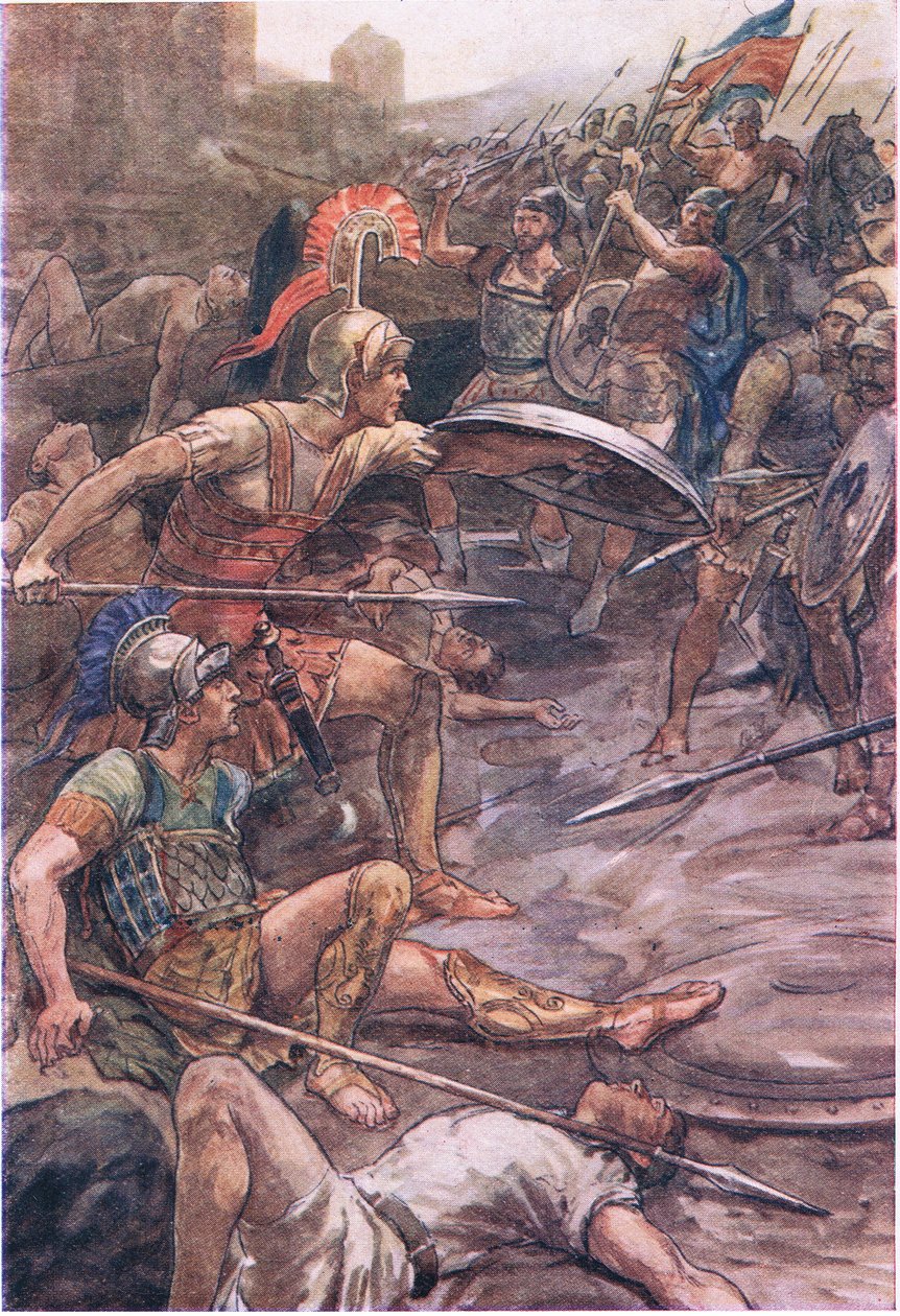 Epaminondas puolustamassa Pelopidasta, Plutarkhoksen kirjasta Lives, jonka on julkaissut T C & E C Jack Ltd, 1920-luku. tekijältä William Rainey