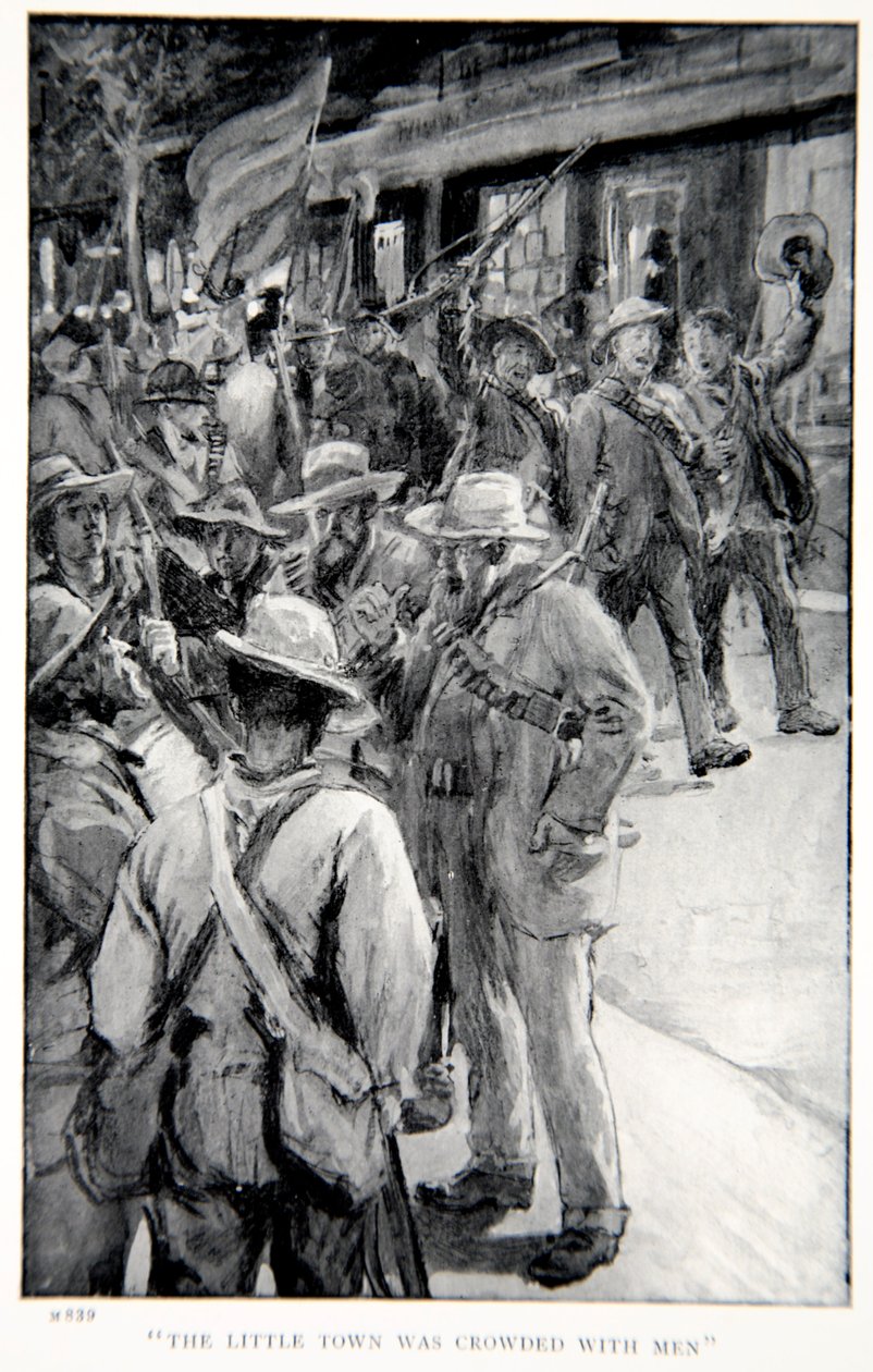 Pieni kaupunki oli täynnä miehiä, esimerkki G.A.:n teoksesta "Robertsin kanssa Pretoriaan: Tarina Etelä-Afrikan sodasta". Henty, pubi. Lontoo, 1902 tekijältä William Rainey