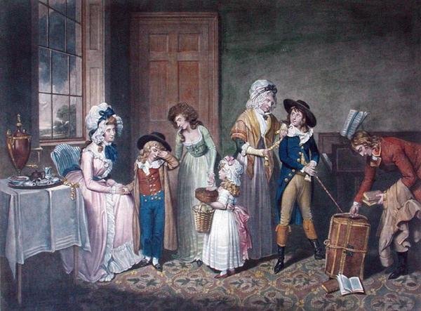 Musta maanantai eli kouluun lähtö, kaiverrettu John Jonesin (noin 1745-97) toimesta, julkaissut W. Bigg, 1790 (värikaiverrus) (ks. myös 125510). tekijältä William Redmore after Bigg