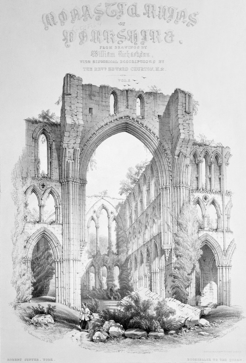 Rievaulx Abbey, "Yorkshiren luostarin rauniot" otsikkosivulta tekijältä William Richardson