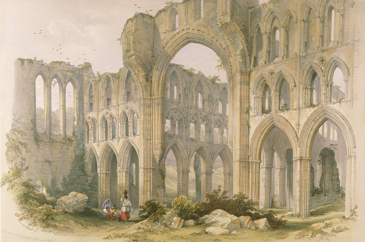 Rievaulx Abbey, transept ja kuoro, teoksesta "Yorkshiren luostarin rauniot", kaiverrus George Hawkins (1819-52), 1843 tekijältä William Richardson