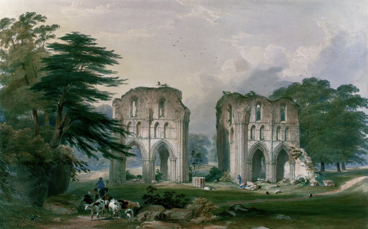 Roche Abbey, näkymä lännestä, "Yorkshiren luostarin raunioista", kaiverrus George Hawkins (1819-52), 1842 tekijältä William Richardson