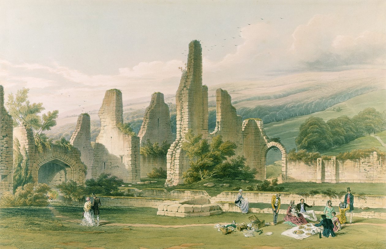 Sawley Abbey, teoksesta "Yorkshiren luostarin rauniot", kaiverrus George Hawkins (1819-52), 1842 tekijältä William Richardson