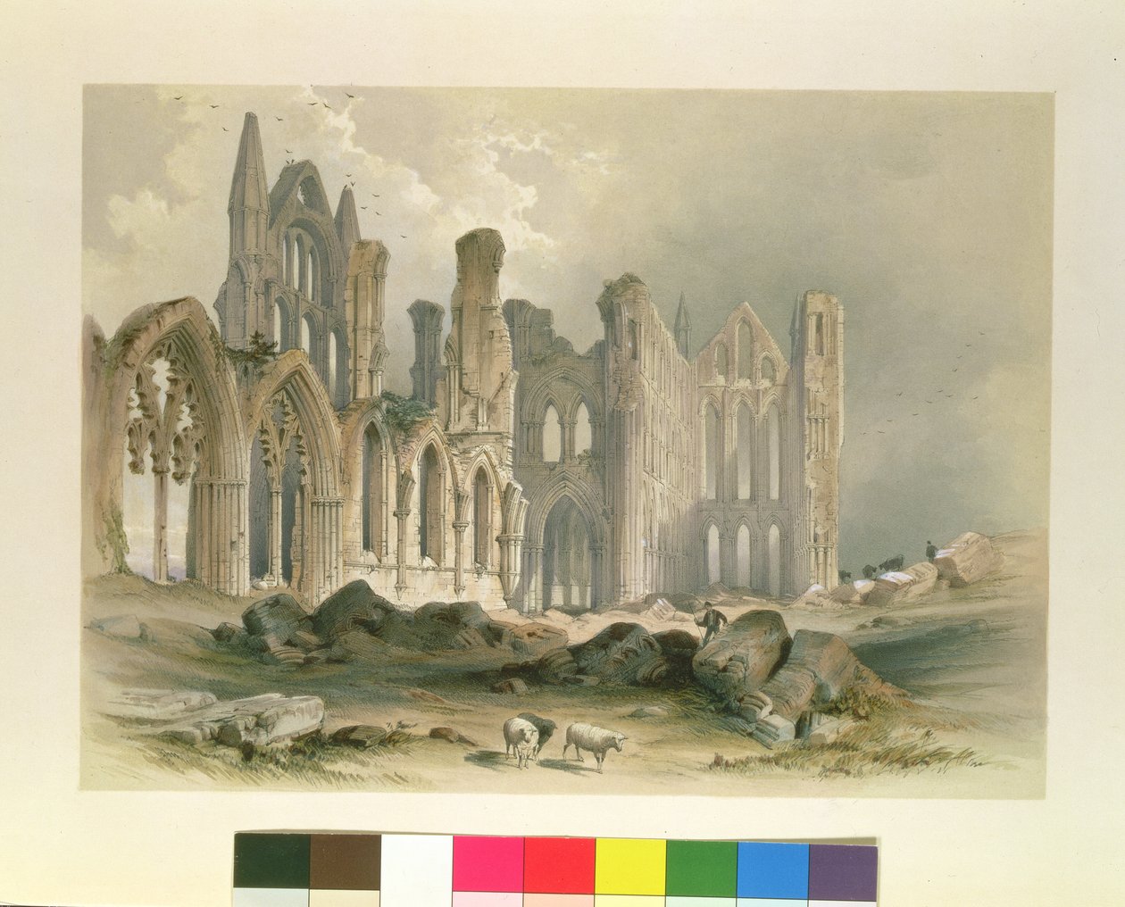 Whitby Abbey koillisesta, teoksesta "Yorkshiren luostarin rauniot", kaivertanut George Hawkins (1819-52), 1843 tekijältä William Richardson