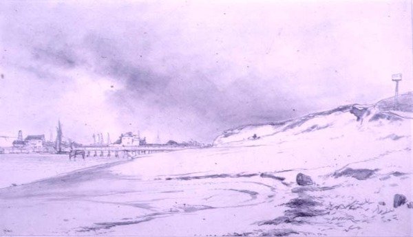 River Bank, laituri ja rakennuksia tekijältä William Roxby Beverly