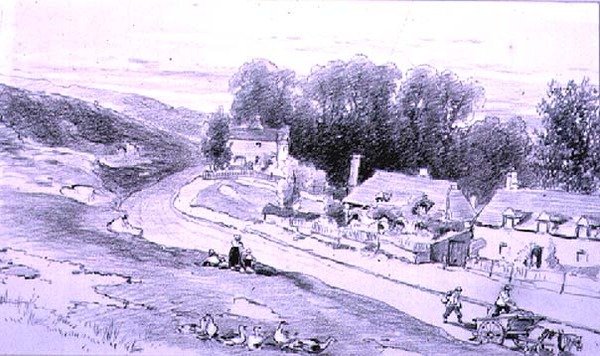 Tie mökkeineen, kärryineen ja hanhineen, 1800-luku tekijältä William Roxby Beverly