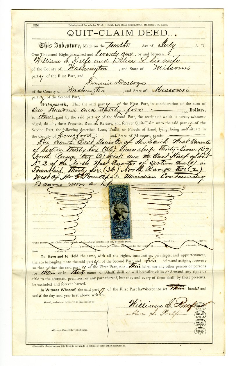 Lopeta vaatimusasiakirja, jonka allekirjoittivat William S.Reefe ja Alice L.Reefe Washingtonin piirikunnasta 10. heinäkuuta 1871 tekijältä William S. Reefe