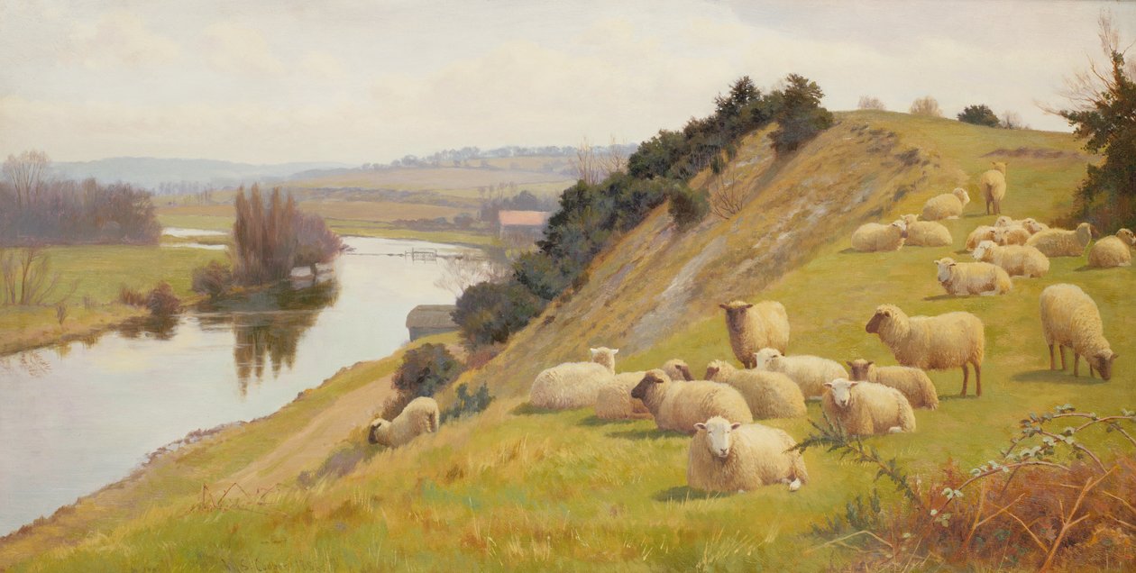 Joenvarren laitumella lampaita tekijältä William Sidney Cooper
